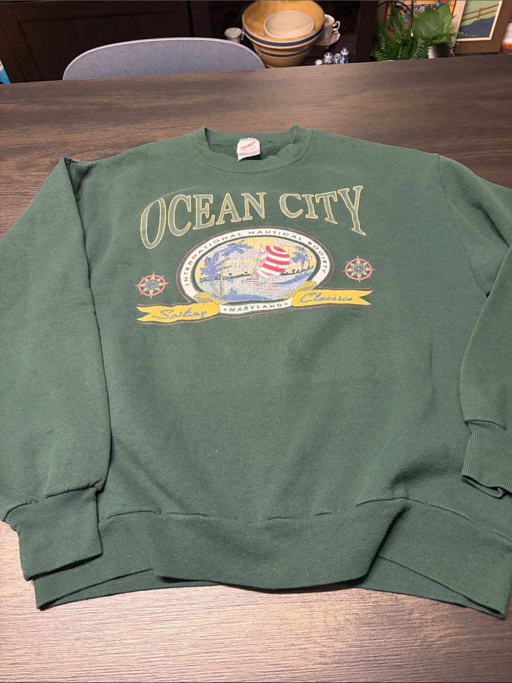 VTG 90s Ocean City MD Nautical Graphic Crewneck Sweatshirt Green Jerzees USA L